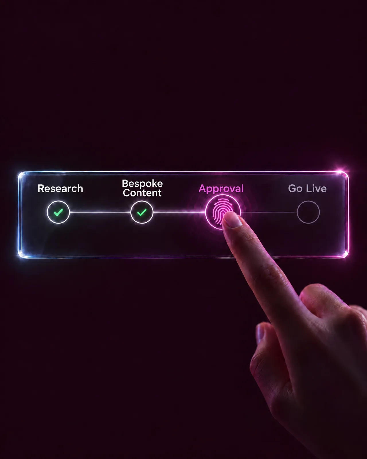 A finger touching a glowing progress bar with four stages: Research, Bespoke Content, Approval and Go Live.