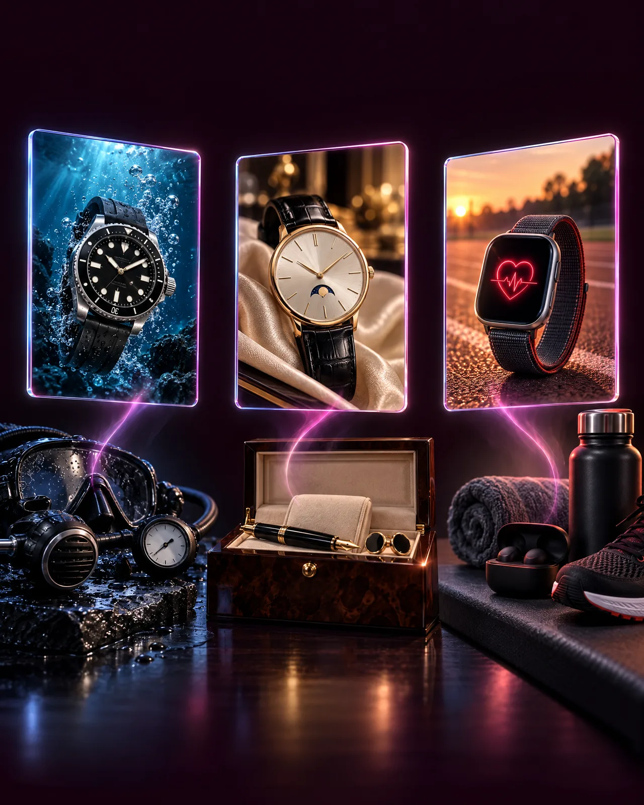Three social posts featuring a dive watch, a gold dress watch and a smartwatch, above diving gear, a watch box and running kit.