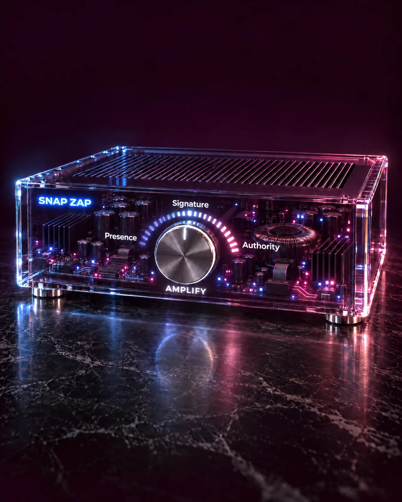A glass-cased amplifier branded Snap Zap with one dial marked Presence, Signature and Authority, labelled Amplify.