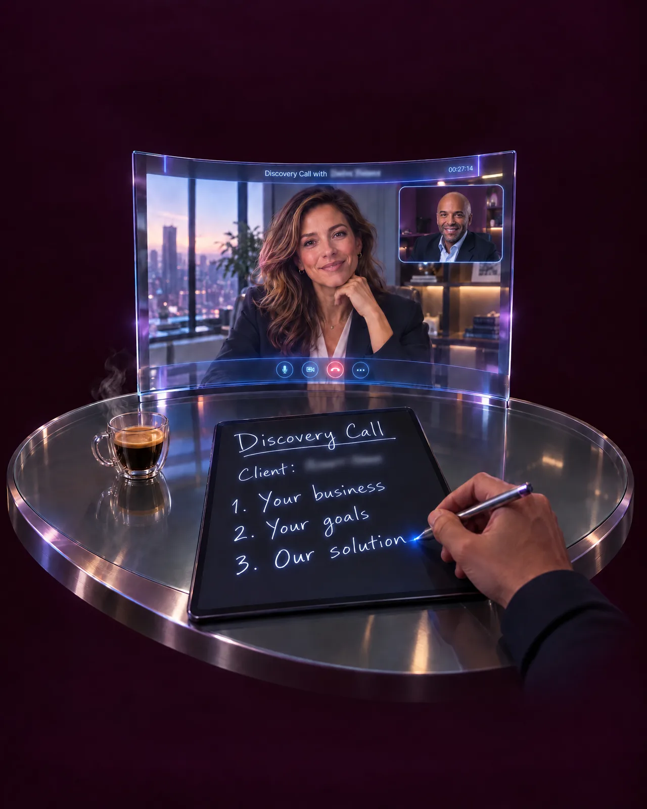 A video discovery call on a curved screen, with handwritten notes on a tablet listing your business, your goals and our solution.