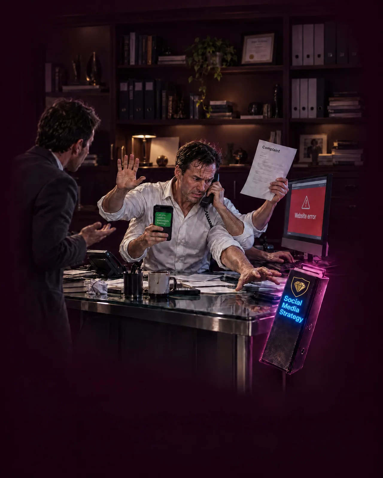 A business owner at a cluttered desk juggling a phone call, a text, a complaint letter and a website error, reaching for a folder labelled Social Media Strategy.