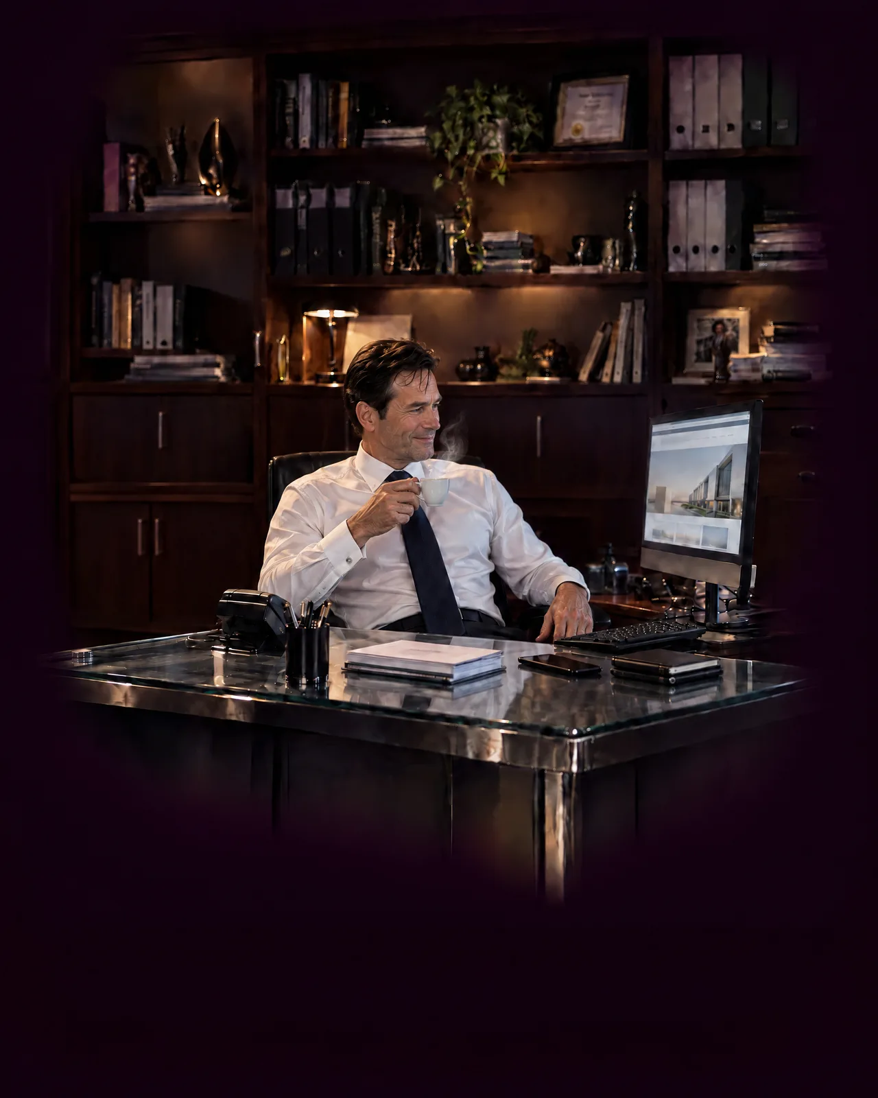 A business owner sitting back, relaxed, at a tidy desk in his office.